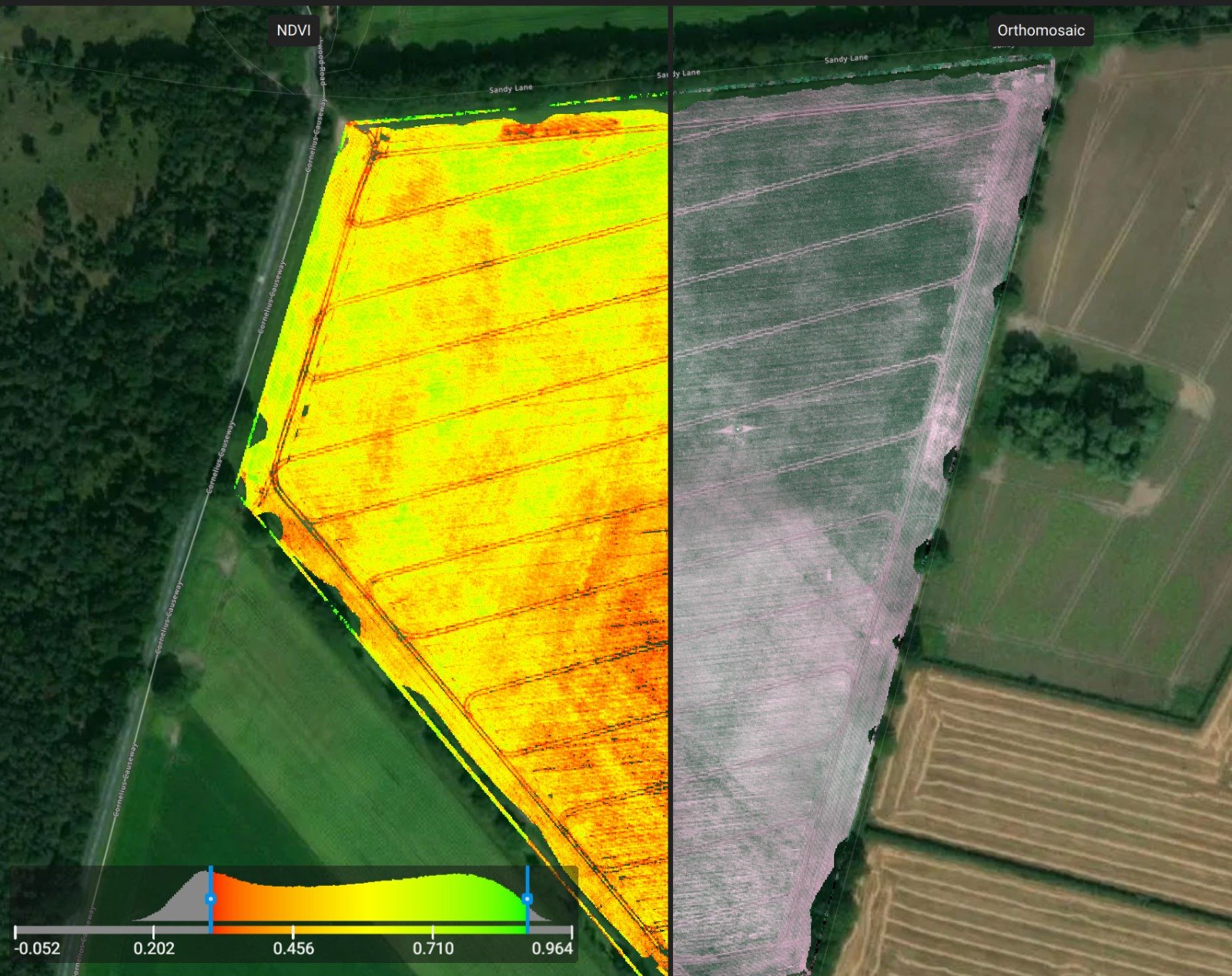 NDVI map of a field boundary shown next to an untreated neighbouring field