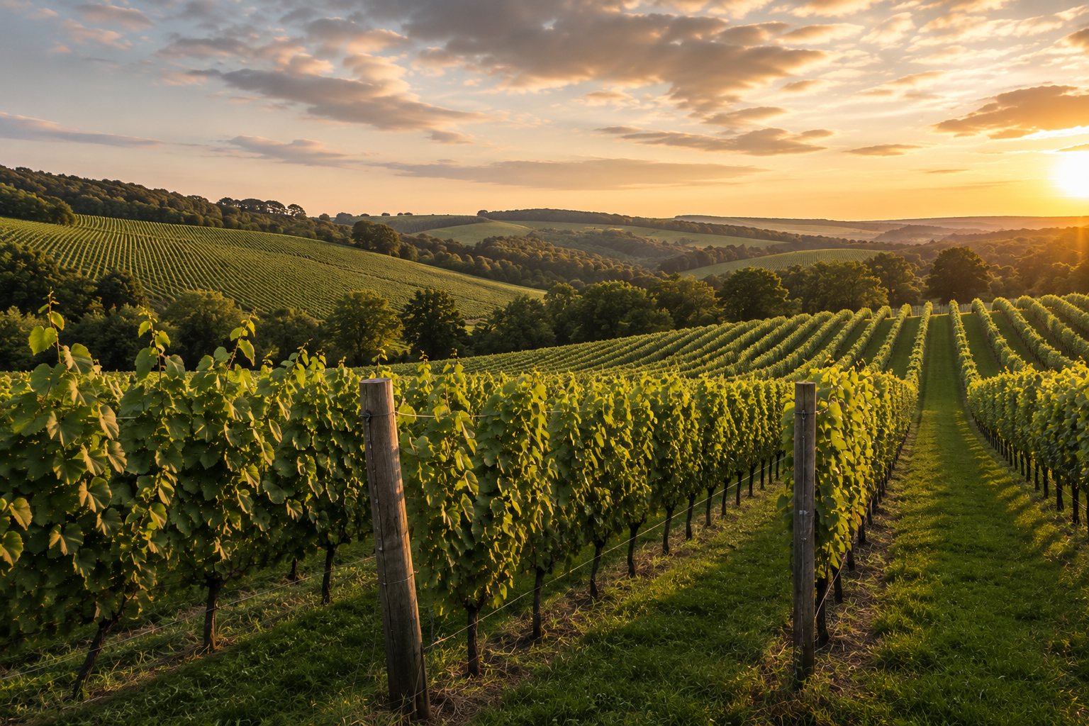 Rows of vines on rolling English hills at sunset, with further vineyard blocks in the distance