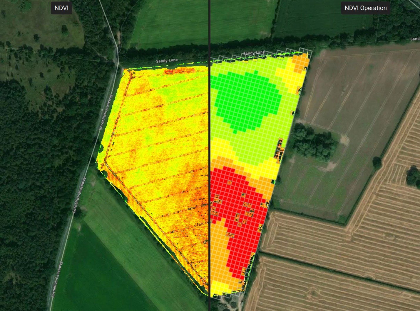 NDVI operation map with red, yellow and green management zones overlaid on a field
