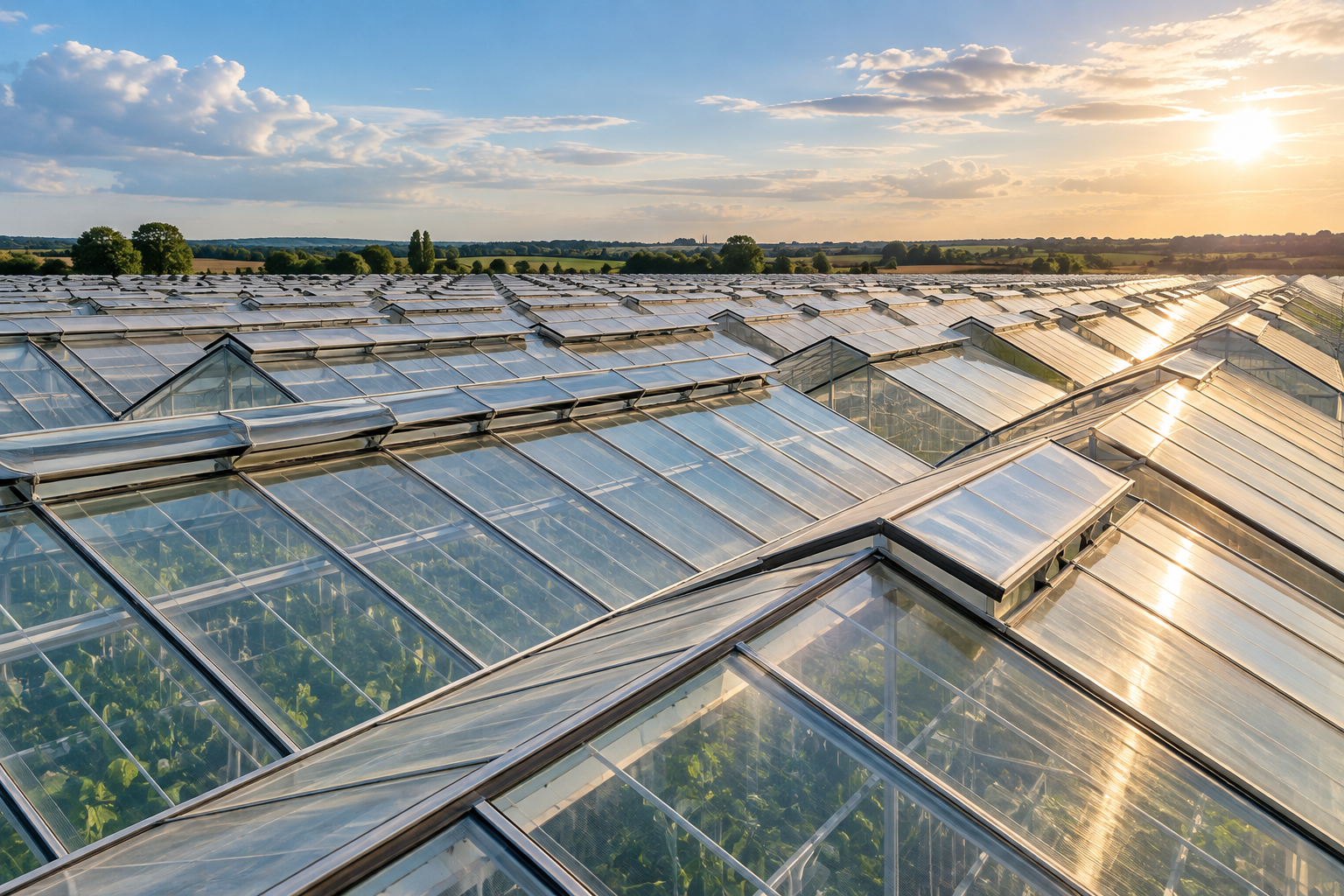 Glasshouse roofs stretching across the English countryside at sunset