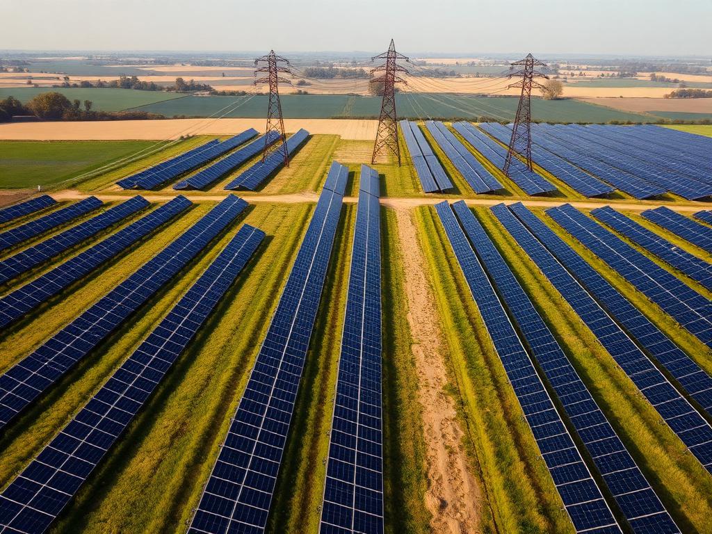 Aerial view of a solar farm with transmission pylons crossing farmland