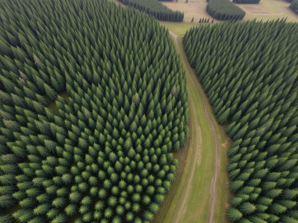 Aerial view of a commercial conifer plantation and access track